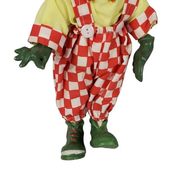 Clown Doll with Hat 9" Figurine Green Hands And Feet Red Checkered Overalls - Picture 6 of 10
